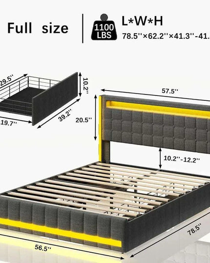 Modern Dark Gray Full Bed Frame with Smart LED Lighting, Storage Drawers, and USB Charging Hub - Perfect Bedroom Upgrade