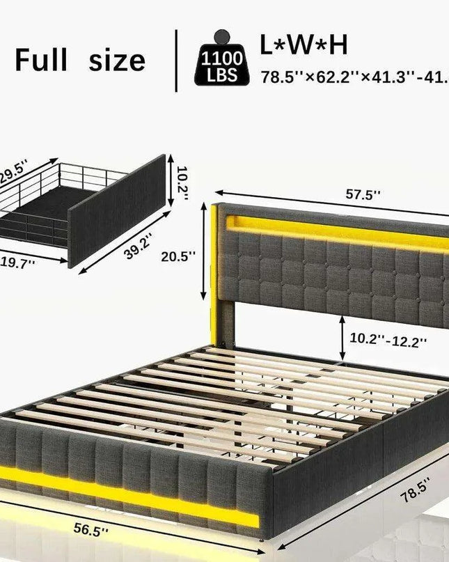 Modern Dark Gray Full Bed Frame with Smart LED Lighting, Storage Drawers, and USB Charging Hub - Perfect Bedroom Upgrade