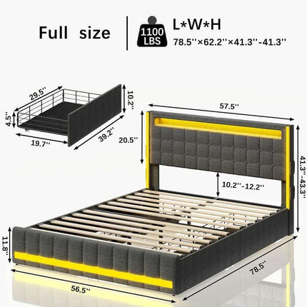Contemporary LED Full Size Bed Frame with Built-in Storage, USB Ports, RGB Lighting, Customizable Headboard, and Music Sync Features