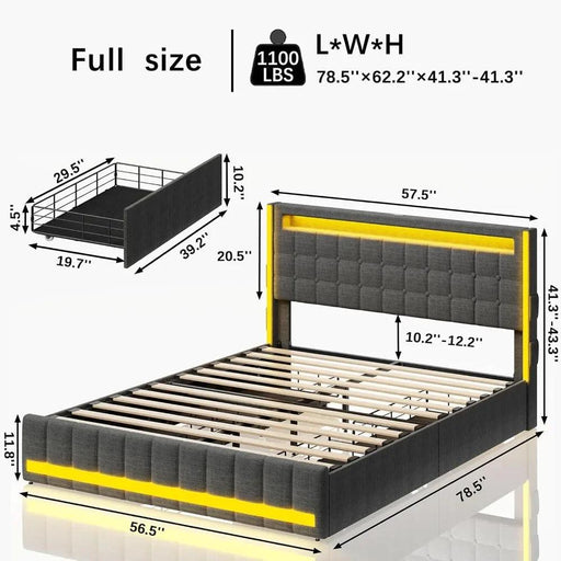 Modern Dark Gray Full Bed Frame with Smart LED Lighting, Storage Drawers, and USB Charging Hub - Perfect Bedroom Upgrade