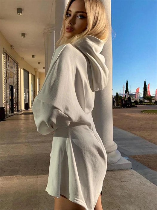 Stylish White Hooded Bodycon Mini Dress with Trendy Waist Tie for Spring