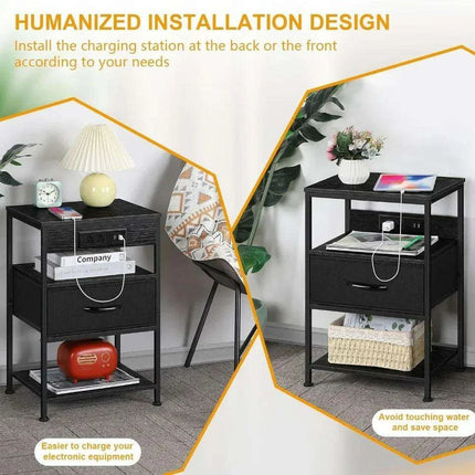 Modern Black Nightstand Set with USB Charging and Power Outlets - 2 Piece