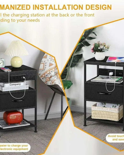 Modern Black Nightstand Set with USB Charging and Power Outlets - 2 Piece