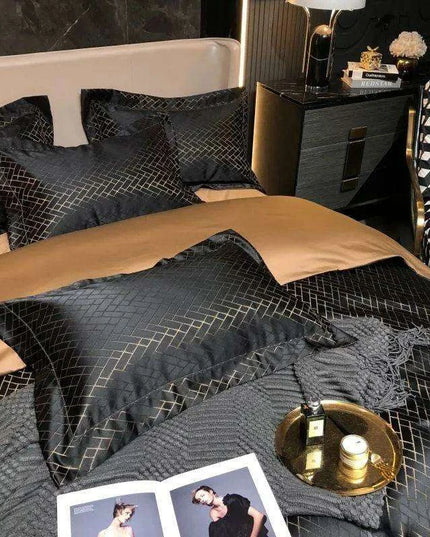 Luxurious Black and Gold Jacquard Egyptian Cotton Duvet Cover Set - 4/6 Piece Collection for Cal King and Queen Sizes with Sheets & Pillowcases