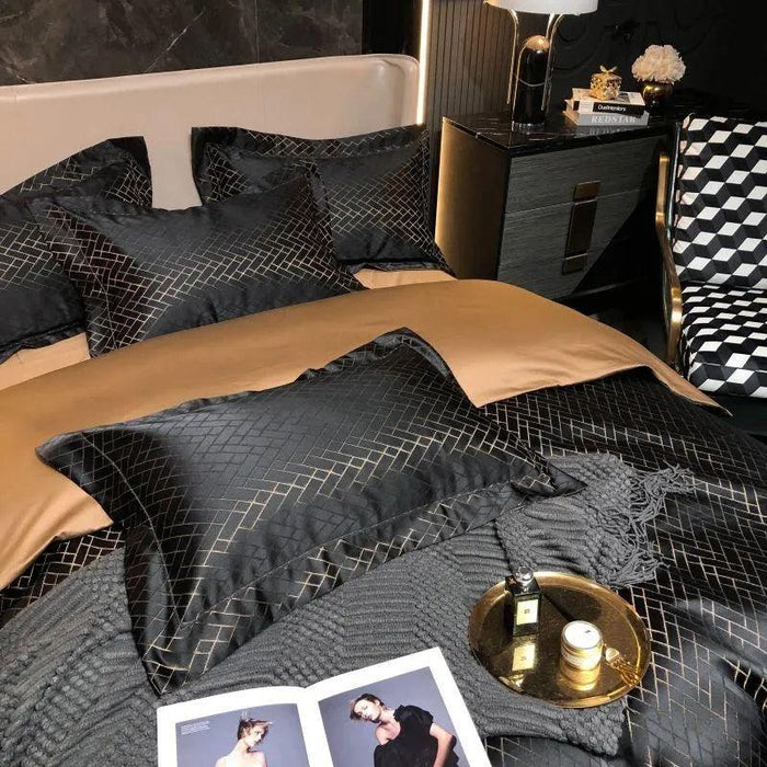 Luxurious Black and Gold Jacquard Egyptian Cotton Duvet Cover Set - 4/6 Piece Collection for Cal King and Queen Sizes with Sheets & Pillowcases