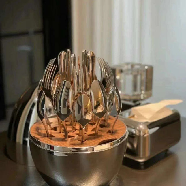 Sophisticated 24-Piece Stainless Steel Dining Collection with Unique Egg-Shaped Cutlery