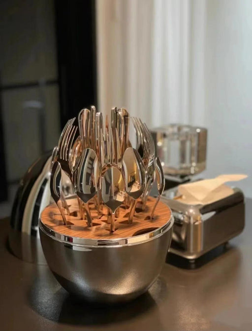 Sophisticated 24-Piece Stainless Steel Dining Collection with Unique Egg-Shaped Cutlery