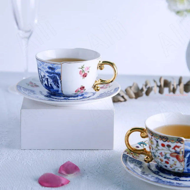 Retro Blue & White Rose Ceramic Mug — Gold Accent Irregular Design