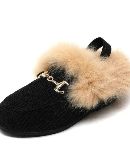 Charming Kids Black Fur Slip-On Slippers - Cozy Outdoor Slides for Boys and Girls