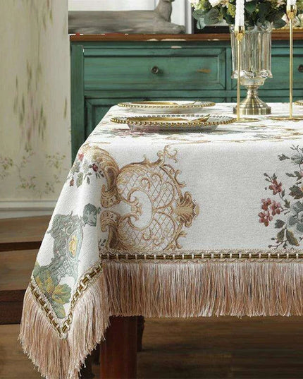 Chic Chenille Tablecloth with Decorative Floral Tassels for Upscale Dining Settings