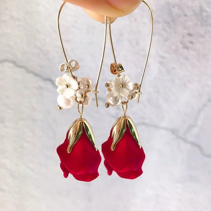 Honeypotson SU-SU Rose Petal Long Earrings - Elegant Red Design