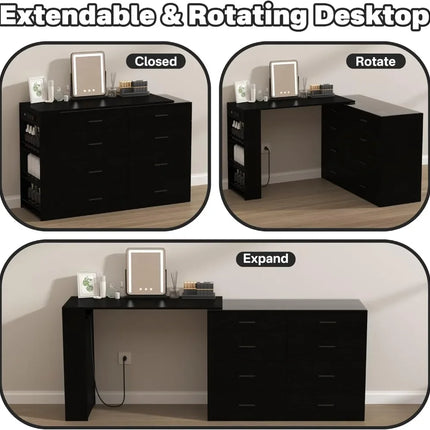Black LED Vanity Desk with Power Outlets, 8 Drawers & 3 Shelves, Extendable Modern Dressing Table black-led-vanity-desk-with-power-outlets-8-drawers-3-shelves-extendable-modern-dressing-table