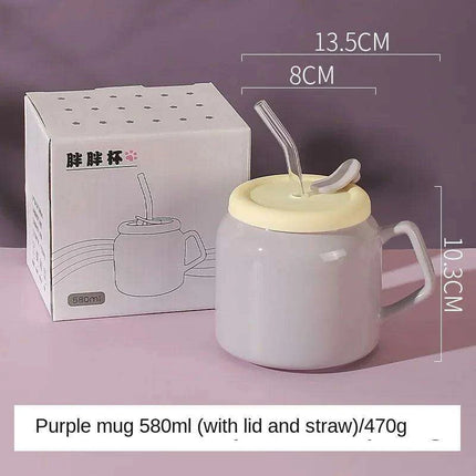Charming Purple and Beige Ceramic Love Mug Set with Lid and Straw