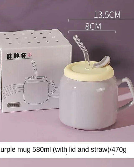 Charming Purple and Beige Ceramic Love Mug Set with Lid and Straw