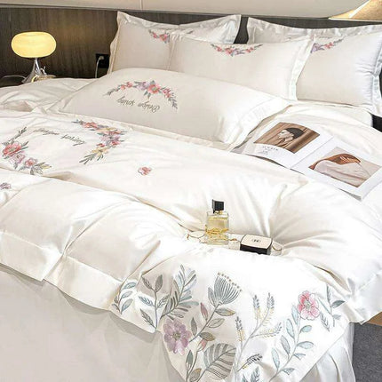 Elegant Floral Embroidered Egyptian Cotton Bedding Collection - Duvet Cover, Bed Sheet & Pillowcases in Soft Pastels