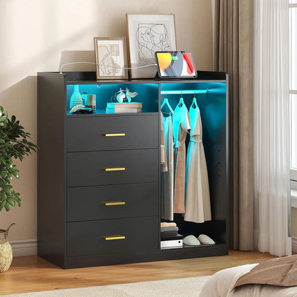 4-Drawer Dresser with Clothes Rack, LED Light, Power Outlet, Shelf, Bedroom Storage, 15.7"D x 43.3"W x 45.7"H, Customized 4-drawer-dresser-with-clothes-rack-led-light-power-outlet-shelf-bedroom-storage-15-7d-x-43-3w-x-45-7h-customized