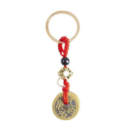 Lucky Fortune Cat Brass Keychain with Five Emperors Coin Charm