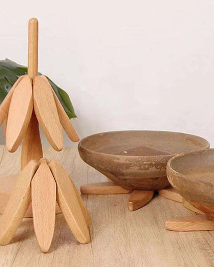 Set of 4 - Walnut Wood Tree-Shaped Heat-Resistant Trivet Set