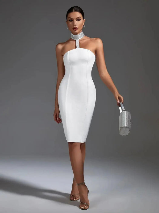 Sculpted Elegance: White Halter Neck Bodycon Dress for Unforgettable Evenings