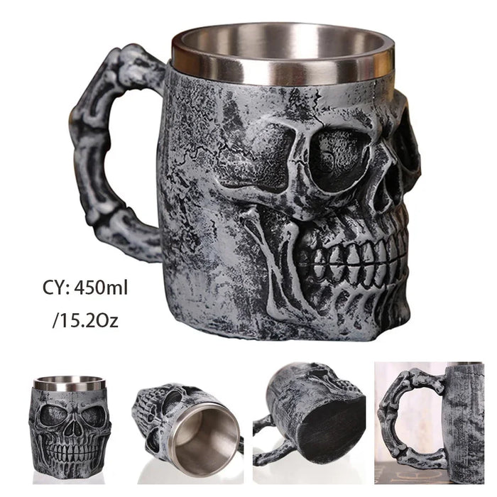 Skull Viking Pirate Resin Steel Tankard - Multi-Purpose Drinking Vessel and Decorative Accent