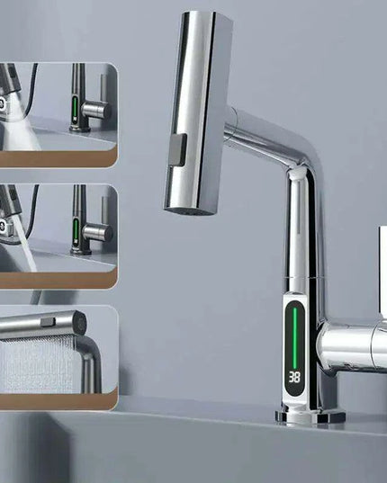 LED Waterfall Faucet with Temperature Display and Rotating Pull-Out Sprayer
