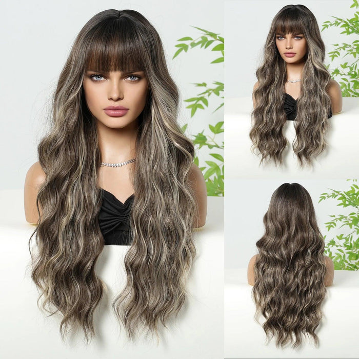 30-Inch Brown Wavy Synthetic Wig with Bangs - Perfect for Parties and Themed Events