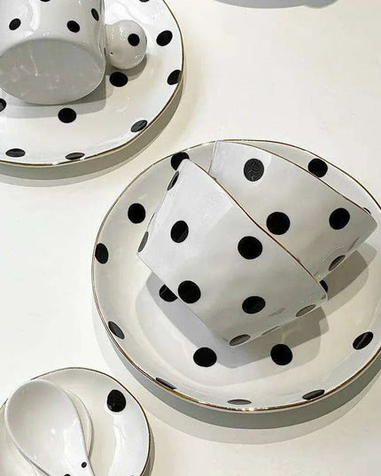 Elegant Gold-Trimmed Polka Dot Ceramic Dining Set for Sophisticated Entertaining