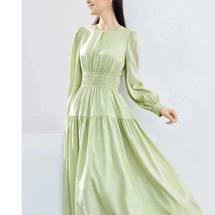 Elegant Light Green Puff Sleeve Midi Dress - Spring Pullover Round Neck for Women 2024