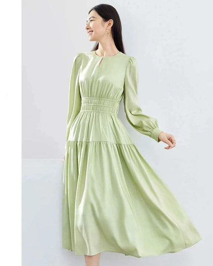 Elegant Light Green Puff Sleeve Midi Dress - Spring Pullover Round Neck for Women 2024