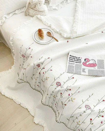 Embroidered Ruffle Flower Summer Quilt Set