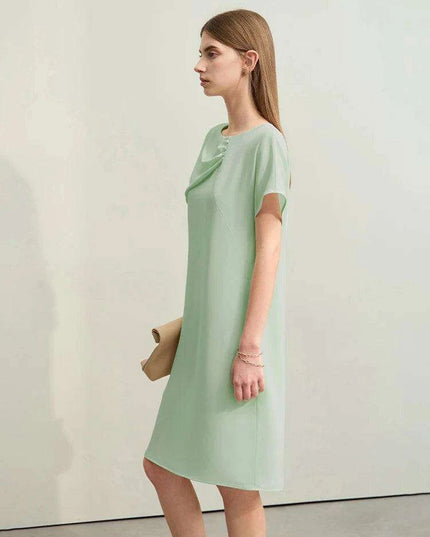 Asymmetrical Summer Chiffon Dress with Pleated Neckline and Breezy Short Sleeves