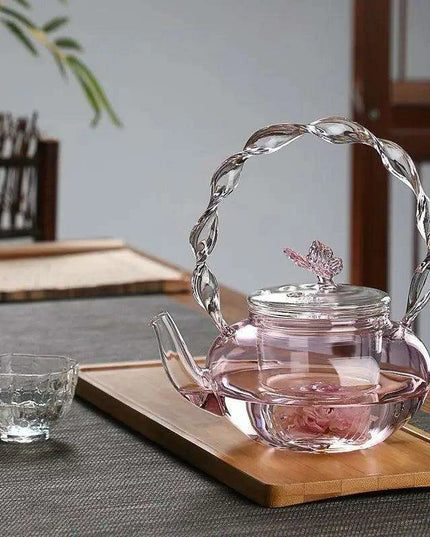 Elegant 700ML Pink Butterfly Glass Teapot for Electric Stoves