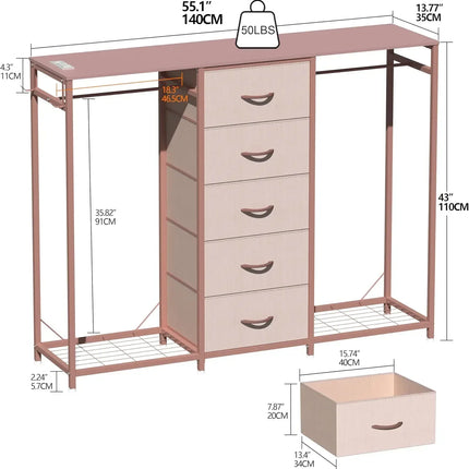 5-Drawer Storage Dresser with Clothes Rails, RGB LED Lights & Charging Station