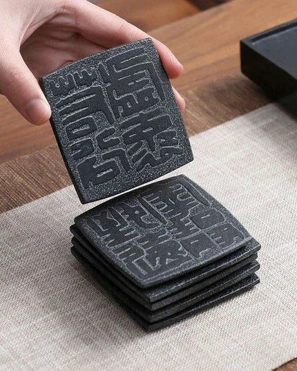 Artisan Crafted Natural Stone Coaster Set with Ancient Chinese Wisdom - Elegant Heat-Resistant
