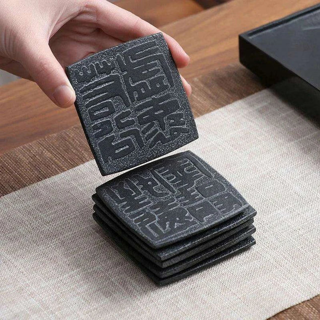 Artisan Crafted Natural Stone Coaster Set with Ancient Chinese Wisdom - Elegant Heat-Resistant