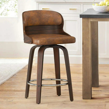 Elegant Mid-Century Walnut Swivel Counter Stools with Faux Leather Seat - 26 Inch Height