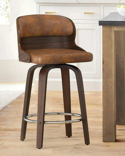 Elegant Mid-Century Walnut Swivel Counter Stools with Faux Leather Seat - 26 Inch Height