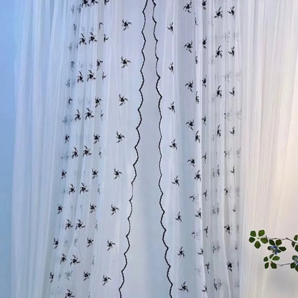 Sheer Peach Embroidery Curtain with Wavy Black Edge