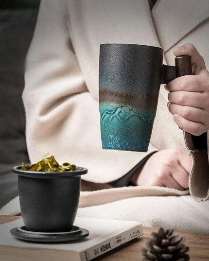 Handcrafted Vintage Porcelain Mug Set with Integrated Strainer