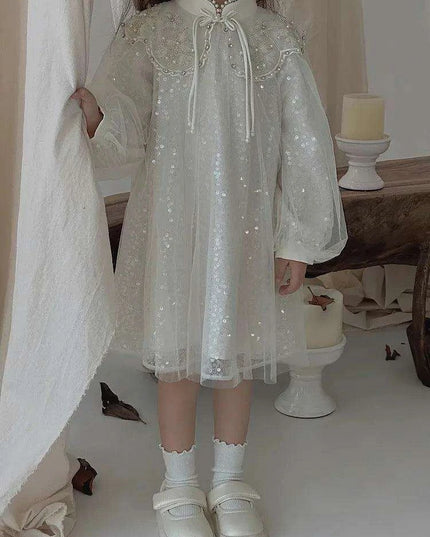 Autumn Princess: Glamorous Sequin Qipao Gown for Girls