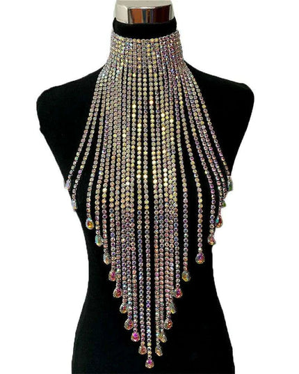 Radiant Rhinestone and Glass Gemstone Tassel Choker Necklace - Crystal AB Silver Elegance