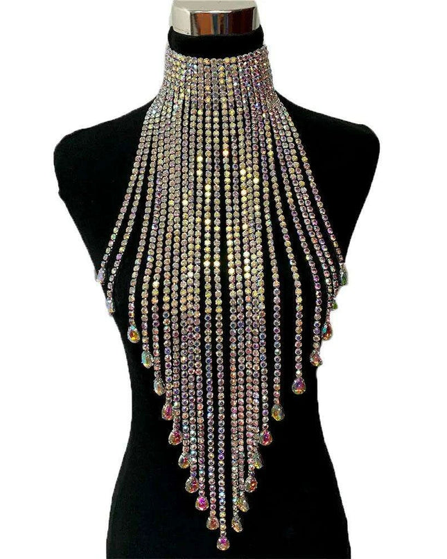 Radiant Rhinestone and Glass Gemstone Tassel Choker Necklace - Crystal AB Silver Elegance