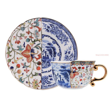 Retro Blue & White Rose Ceramic Mug — Gold Accent Irregular Design