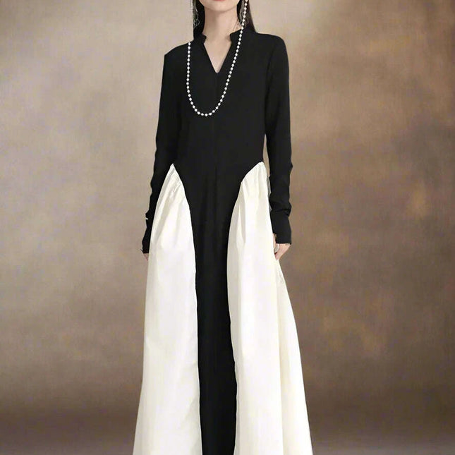 Chic Black Color-block Floor-Length Dress with V-Neck and Long Sleeves
