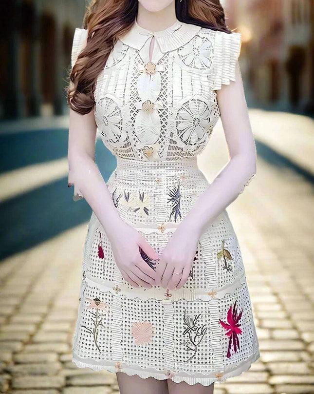 2-Piece Embroidered O-Neck Top and Short Skirt Set for Women