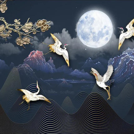 Plum Blossom & Crane Mural Wallpaper — Custom Size, 5 Finishes, Asian Art Style