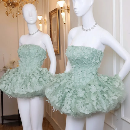 YP Luxury 3D Lace Strapless A-Line Green Pink Prom Dress with Puff Ski