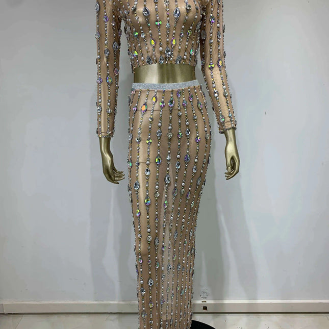 Radiant Pearl and Diamond Adorned Mesh Skirt Ensemble for Women - Perfect for Dazzling Events