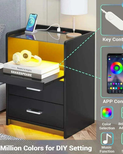 LED Smart Nightstand with Charging Station and Pull-out Tray - Modern Design with 2 Drawers