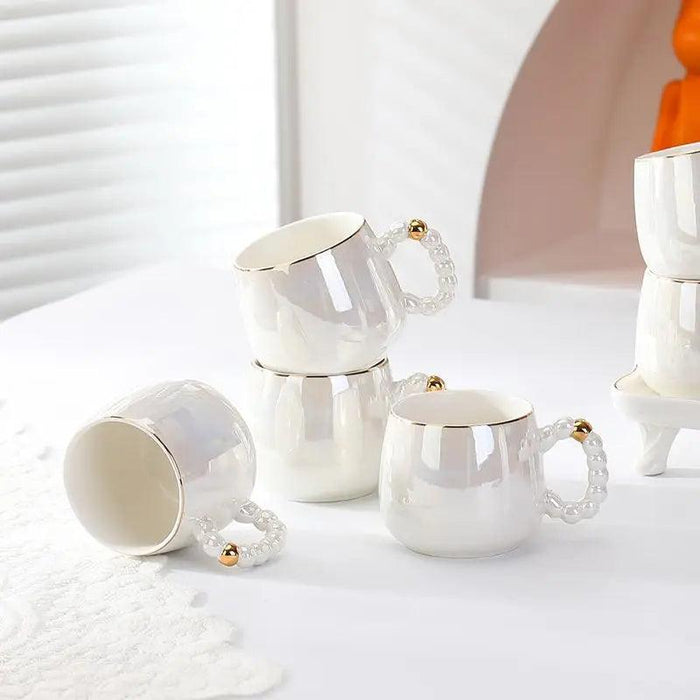 Sophisticated Pearl Ceramic Tea and Beverage Serving Collection with Coffee Pot and Cups